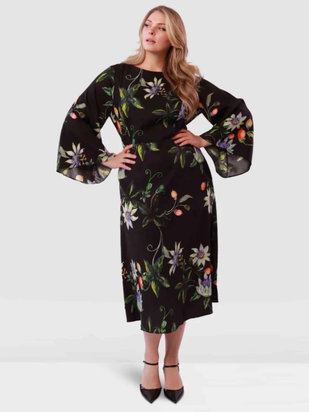 Gabriella Rossetti Lucrezia Black Floral Midi Dress Size 18 100% Silk Luxury